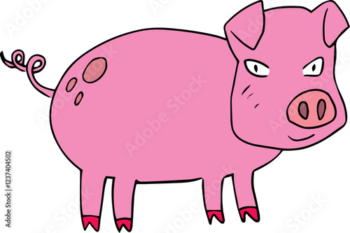 smiling pink pig with cunning eyes with curled tail looking at camera