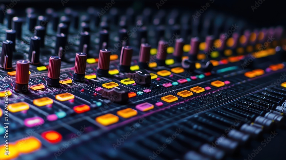 Close-Up of Illuminated Audio Mixer Board