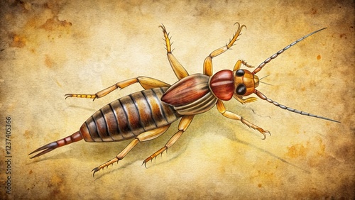 A weathered earwig drawing, reminiscent of antique entomology illustrations, on a white background.