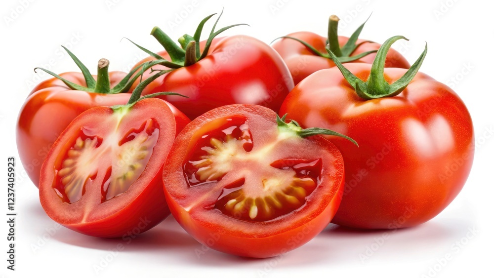 High-resolution image: juicy red tomato slices against a pure white backdrop. Perfect for culinary use. High-resolution image: juicy red tomato slices against a pure white backdrop. Perfect for culinary use.