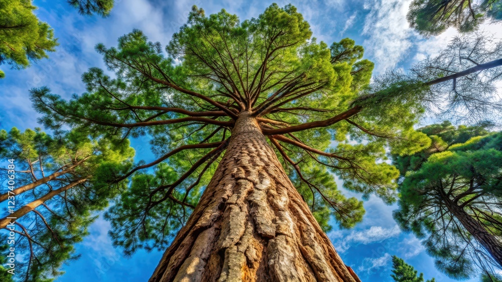 Fototapeta premium A tall tree with a strong trunk and branches stretching towards the sky, evergreen, foliage, evergreen, foliage, forest