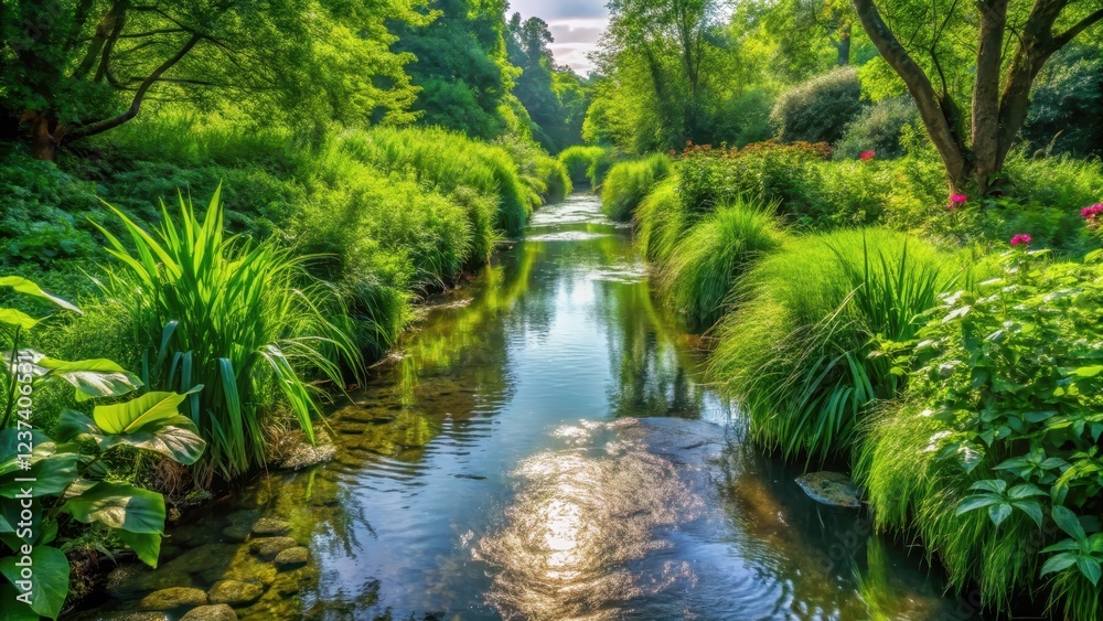 Stream Surrounded by Lush Greenery and Water Plants, water features, scenery, water features, scenery, nature Stream Surrounded by Lush Greenery and Water Plants, water features, scenery, water features, scenery, nature