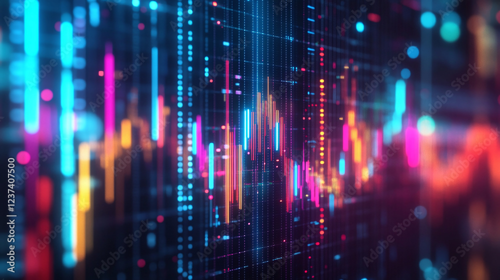 Fototapeta premium Abstract holographic display of data metrics, with vibrant neon colors