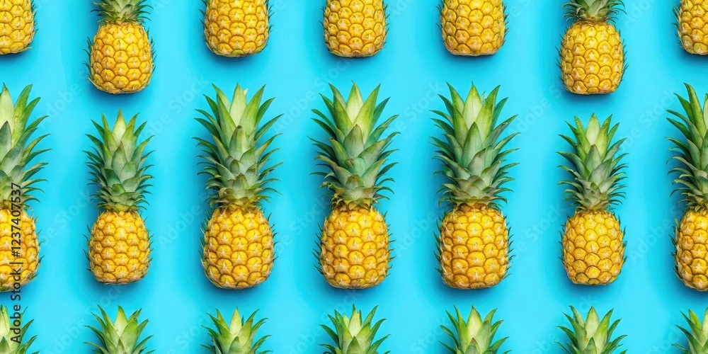 Colorful seamless pineapple slices arranged in a symmetrical grid on a bright blue background, creating a tropical and refreshing visual effect , food, blue background Colorful seamless pineapple slices arranged in a symmetrical grid on a bright blue background, creating a tropical and refreshing visual effect , food, blue background