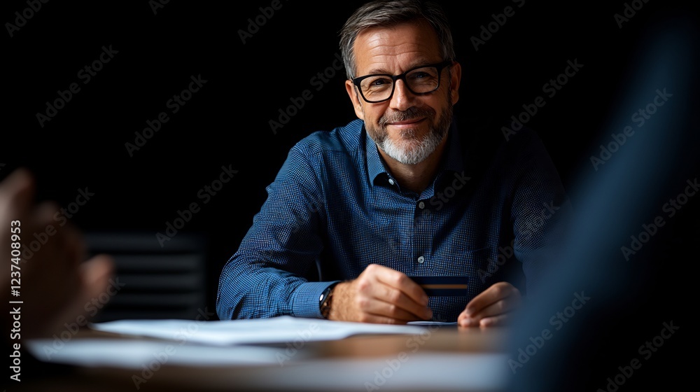 Smiling Businessman Holding Credit Card in Low Light Office Setting Smiling Businessman Holding Credit Card in Low Light Office Setting