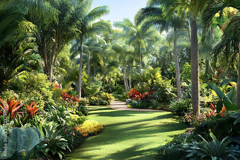 A lush botanical garden filled with exotic flowers and vibrant greenery creating a tropical paradise A lush botanical garden filled with exotic flowers and vibrant greenery creating a tropical paradise