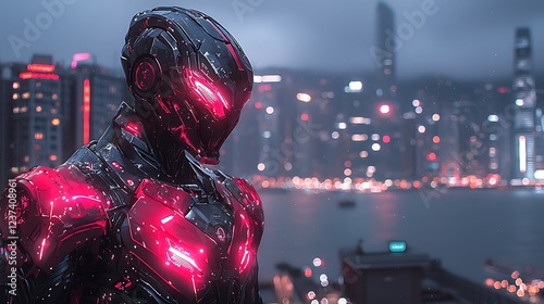 Futuristic robot overlooking Hong Kong cityscape at night.