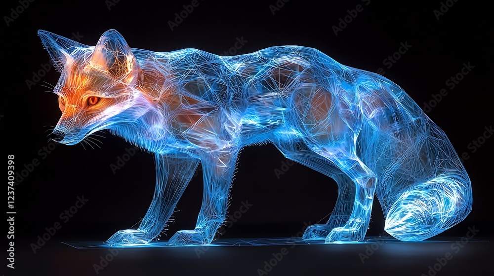 Glowing fox, digital art, dark background, wildlife, nature illustration.