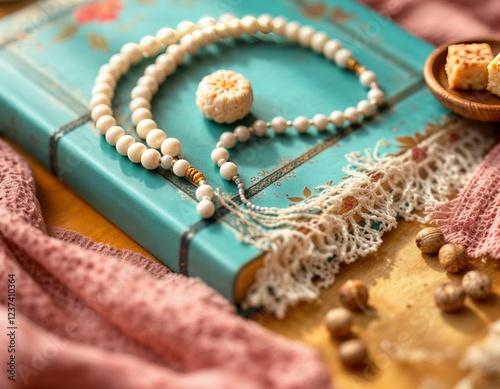 Tasbih on top of the Koran. Al Qur'an on a prayer rug and some dates nearby photo