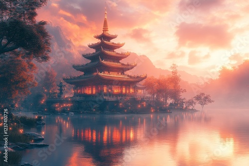 Pagoda sunset lake mountain serenity, travel poster