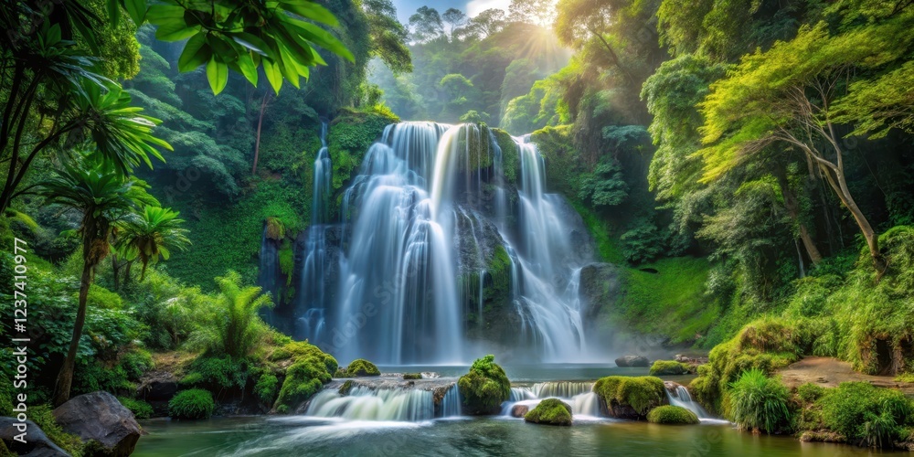 waterfall cascade surrounded by dense foliage, natural scenery waterfall cascade surrounded by dense foliage, natural scenery