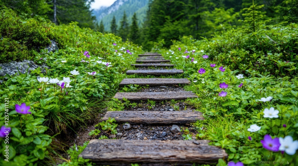 Mountain trail steps wildflowers nature hike path Mountain trail steps wildflowers nature hike path