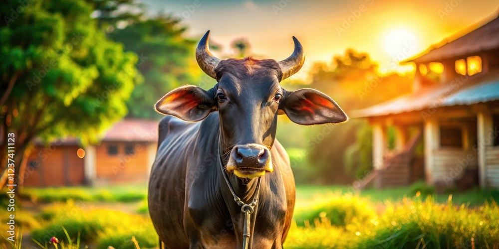 Dreamy bokeh photography showcases Gujarat's majestic black cows. Indian cattle elegance in soft focus. Dreamy bokeh photography showcases Gujarat's majestic black cows. Indian cattle elegance in soft focus.