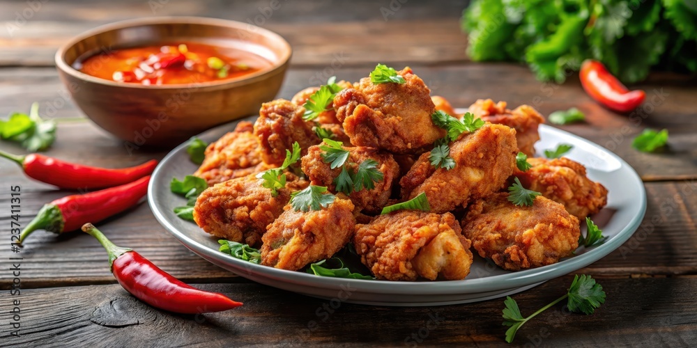 Fototapeta premium Crispy Indonesian fried chicken pieces arranged on a plate with spicy sambal sauce drizzle, garnished with fresh cilantro leaves and chili peppers , plate, crispy fried chicken