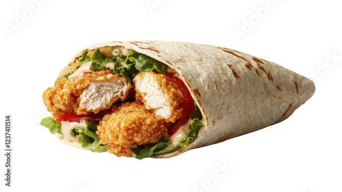 Crispy chicken wrap with lettuce, tomatoes, and sauce on transparent background photo