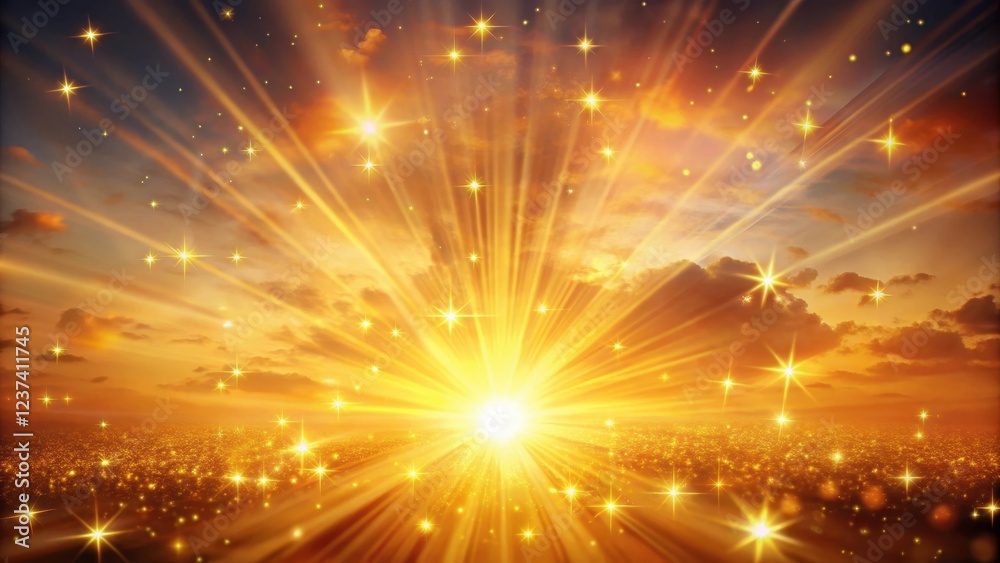 Naklejka premium Warm sunset background with golden burst and light starburst effect in the sky , atmospheric, evening, atmospheric