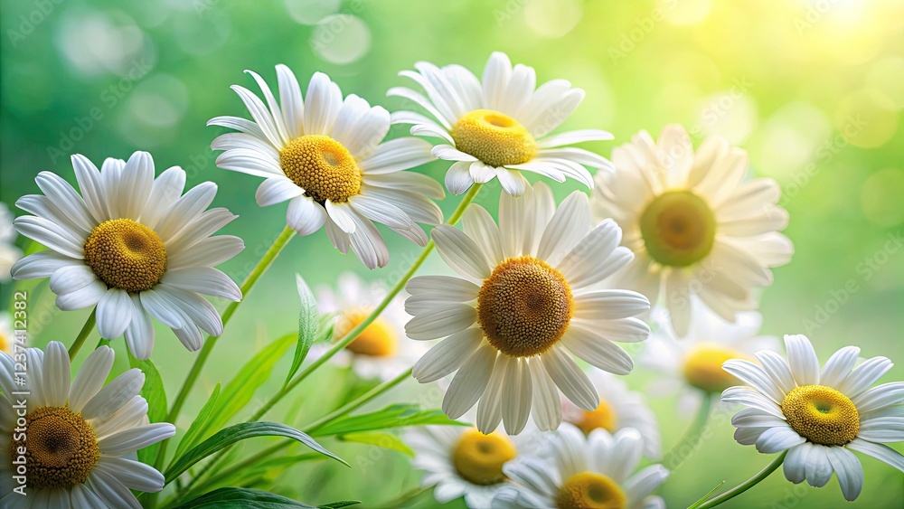 Fototapeta premium Spring's gentle embrace: a candid closeup reveals pastel green daisies in vibrant macro detail.