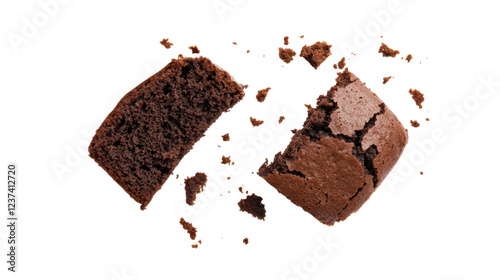 Delicious chocolate brownie crumbling on transparent background