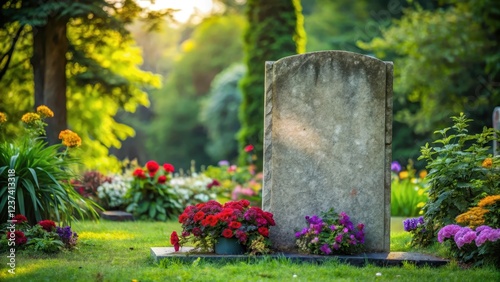 A weathered headstone stands alone in a serene cemetery surrounded by lush greenery and vibrant flowers, with an empty grave at its base , isolated monument, serenity