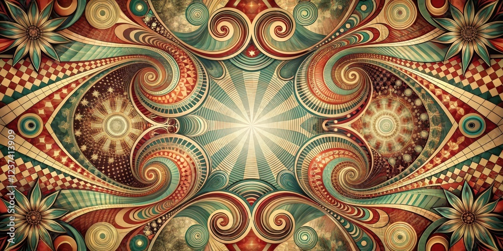 Distorted geometric shapes and swirling patterns create a visually striking abstract background with vintage style elements , patterns, distorted Distorted geometric shapes and swirling patterns create a visually striking abstract background with vintage style elements , patterns, distorted