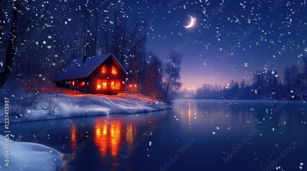 A serene winter scene featuring a cozy cabin by a snowy river under a starry night sky. Seamless looping 4k video background A serene winter scene featuring a cozy cabin by a snowy river under a starry night sky. Seamless looping 4k video background