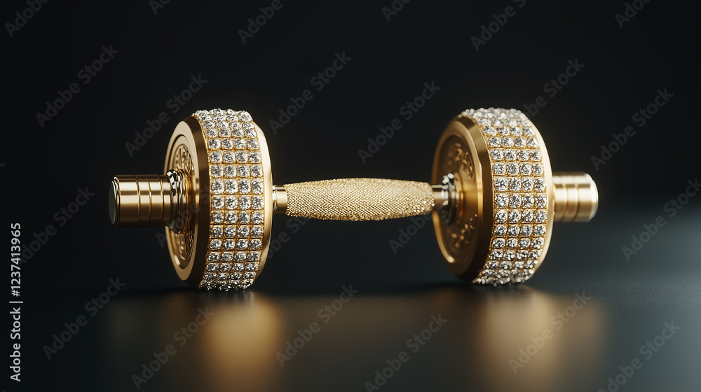 Fototapeta premium Diamond-Encrusted Dumbbell: A luxury gold dumbbell, lavishly adorned with sparkling diamonds, rests elegantly against a dark background. The image exudes opulence and high-end fitness.