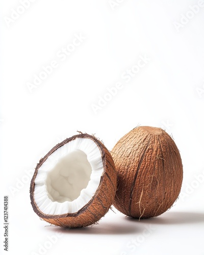 Whole and halved coconut on white background highlighting freshness and natural texture photo