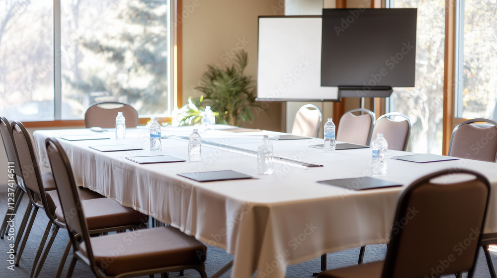 Conference Room Ready: A meticulously prepared conference room awaits, featuring a long, rectangular table draped in pristine white linen. Conference Room Ready: A meticulously prepared conference room awaits, featuring a long, rectangular table draped in pristine white linen.