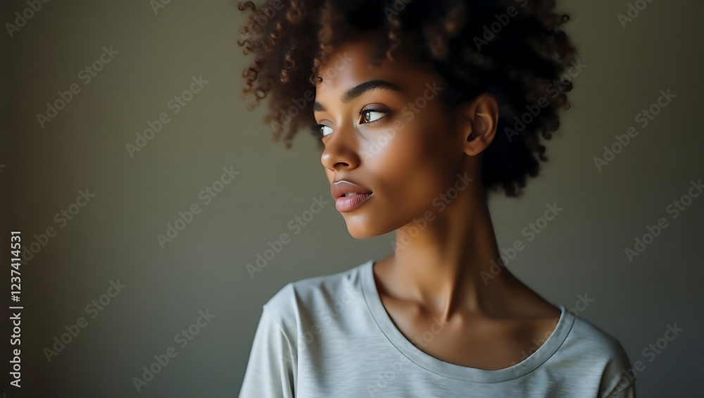 Elegant portrait of a thoughtful woman with natural curls - conveys deep thinking and grace - suitable for beauty ads and fashion magazine spreads Elegant portrait of a thoughtful woman with natural curls - conveys deep thinking and grace - suitable for beauty ads and fashion magazine spreads