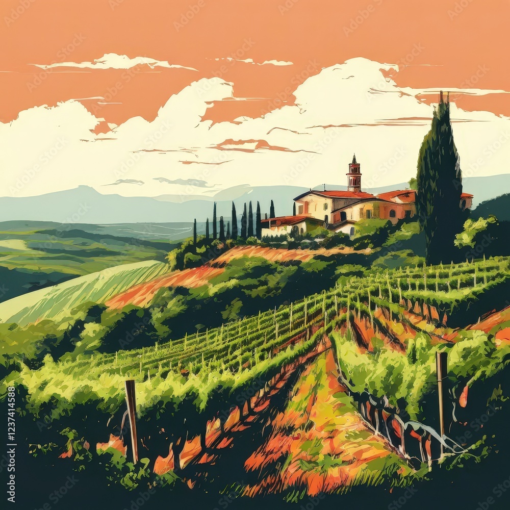 Naklejka premium the AI Image Generator, Beautiful Italian Countryside Vineyard Scene
