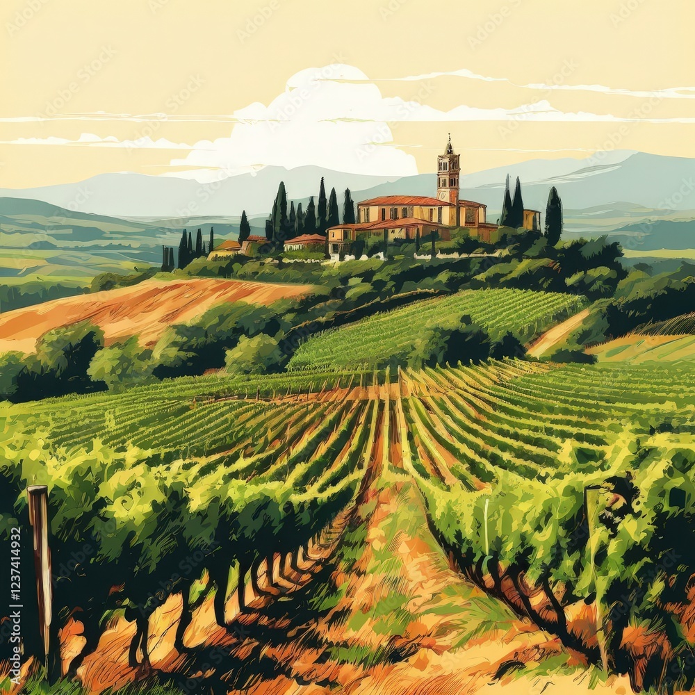 Naklejka premium the AI Image Generator, Beautiful Italian Countryside Vineyard Scene