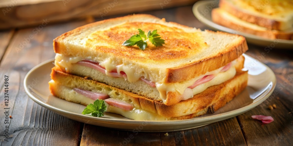 Toasted Croque Monsieur sandwich on a plate, gourmet, snack, gourmet, snack,toasted ham cheese sandwich Toasted Croque Monsieur sandwich on a plate, gourmet, snack, gourmet, snack,toasted ham cheese sandwich