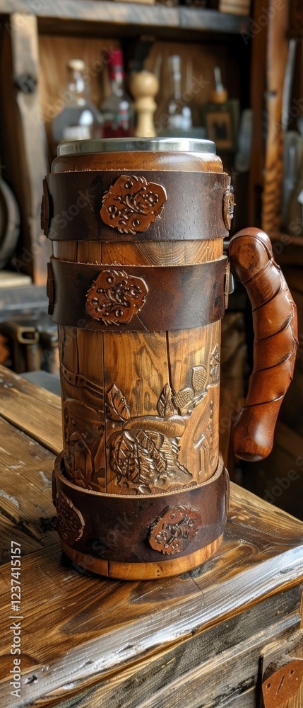 Leather-wrapped oak mug boasts carved details. Supple leather grip & stamped accents. Rests on a rustic tavern table. A handcrafted masterpiece. Leather-wrapped oak mug boasts carved details. Supple leather grip & stamped accents. Rests on a rustic tavern table. A handcrafted masterpiece.