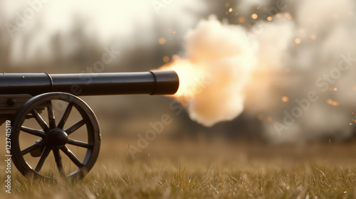 Cannon Fire: A dramatic close-up of a cannon firing, smoke and sparks billowing from the barrel against a blurred background of dry grass.  The image evokes a sense of power, history, and conflict. 