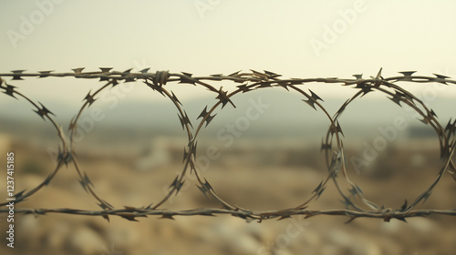 Concertina Wire Fence: Close-up view of razor sharp concertina wire, creating a barrier against a blurred, desolate background, evoking themes of security, restriction, and confinement.   photo