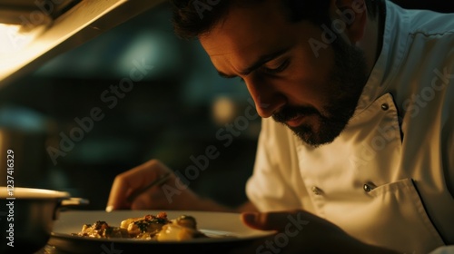 An intimate close-up of a chef in a restaurant kitchen, preparing a gourmet dish with focused concentration, Restaurant kitchen scene
