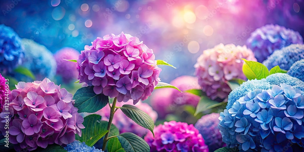 Fototapeta premium Vibrant hydrangea backdrop: perfect garden photography, lush blooms, and nature's floral wallpaper.