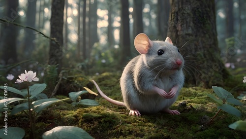 Dreamy forest surrounded with mushrooms and a mouse