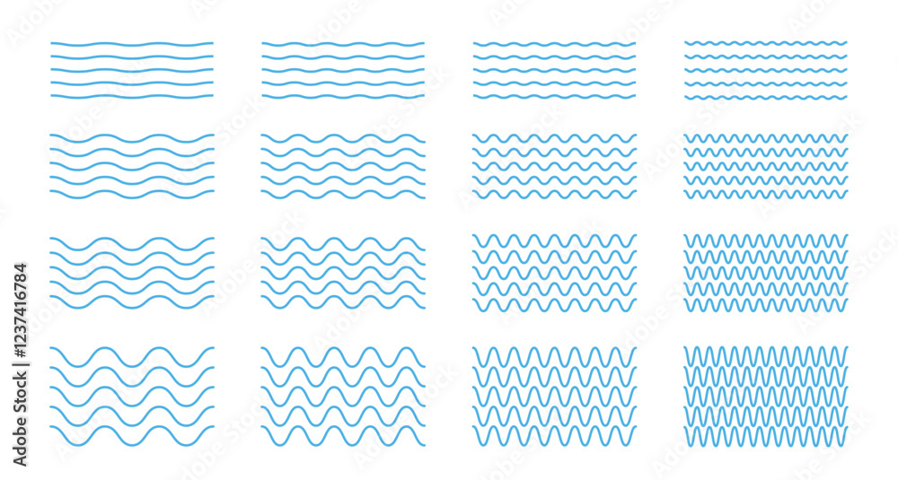 Wave line set. Sea wave pattern. Wave ornament decorations. Wavy zig zag lines. Wave thin line background. Blue water waves illustration. 