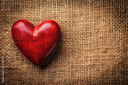 Weathered burlap, a bold red heartâ€”a rustic Valentine's Day backdrop.