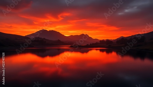 Fiery sunset paints the lake and mountains in vibrant hues, suggesting tranquility and escape, perfect for travel publications and mindful meditation resources