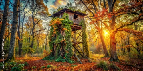 Woodland decay: a forgotten deer hunting stand, consumed by rust and time. Urban exploration reveals its haunting presence.