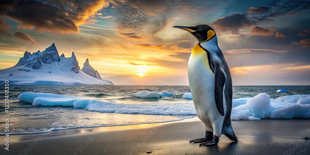 Fototapeta premium King penguins dominate an Antarctic seascape; a stunning wildlife photography of ice and ocean.