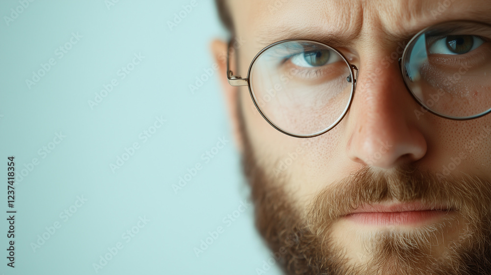 Intense Gaze: A man with a serious expression, his eyes peering intently through round glasses, creates a compelling portrait of focus, determination, and quiet intensity. Intense Gaze: A man with a serious expression, his eyes peering intently through round glasses, creates a compelling portrait of focus, determination, and quiet intensity.