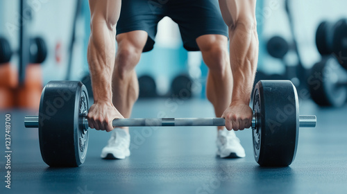 Weightlifting Power: A muscular man prepares to lift a heavy barbell in a modern gym setting, showcasing strength, determination, and fitness.