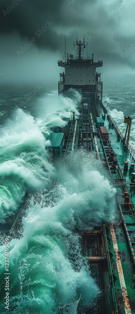 Fototapeta premium Modern cargo ship battles typhoon. Massive waves crash over deck, containers teeter. Moody atmosphere, watermarks, signatures. Perilous journey.