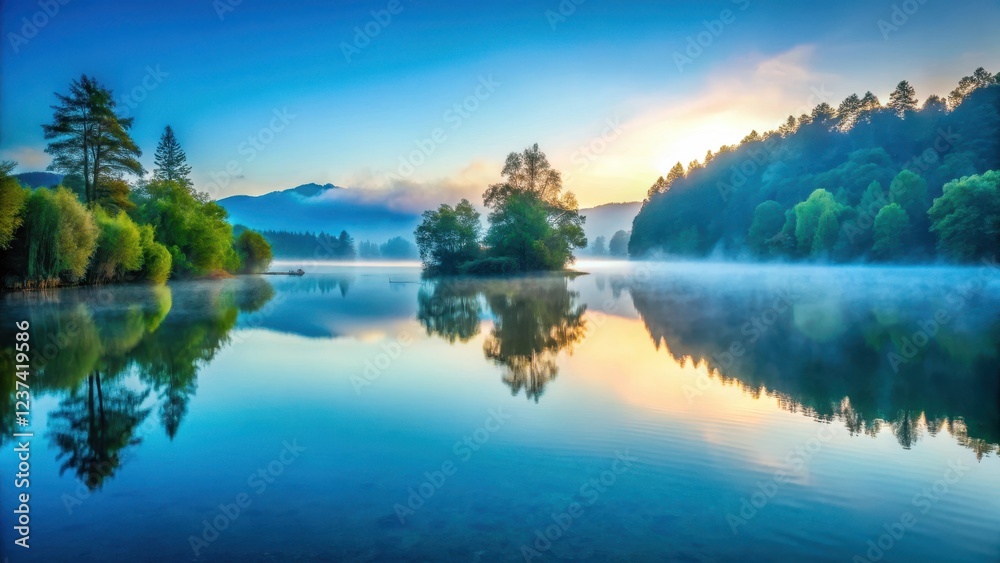 Obraz premium Serene lake at dawn with mist covered cove and aqua blue waters reflected in the calm surface, Lake Tahoe Cove Aqua Blue, Aquatic Blues