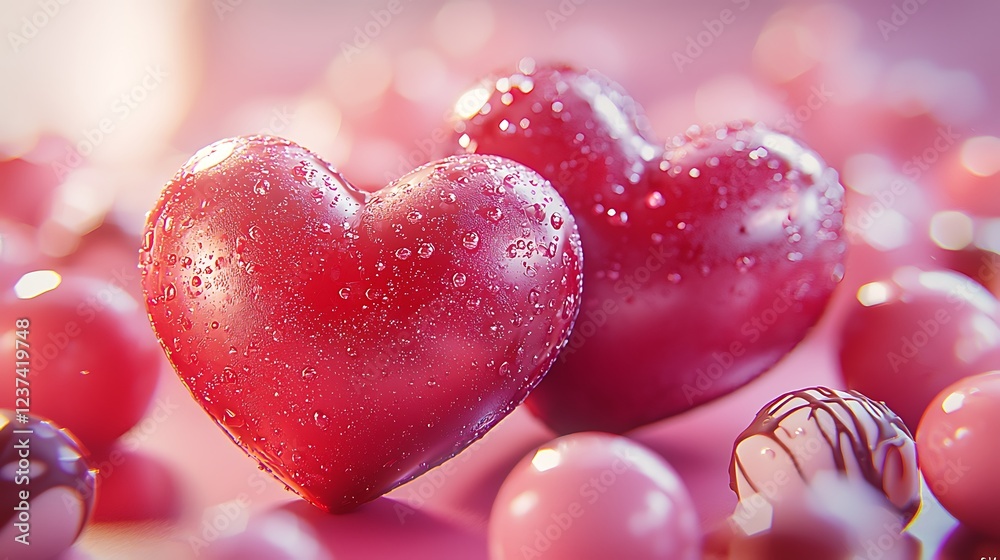Two pink heart candies, surrounded by chocolates; Valentine's Day. Two pink heart candies, surrounded by chocolates; Valentine's Day.