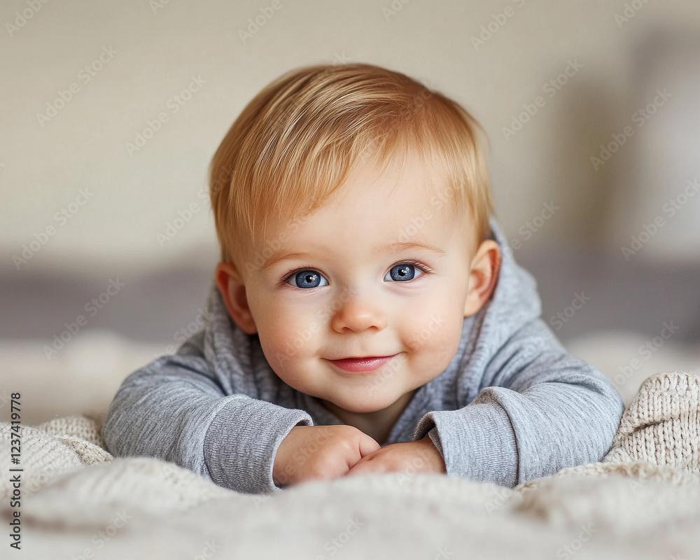 Adorable Baby Lying on Soft Blanket Smiling, Perfect for Parenting Blogs and Family Advertisements Adorable Baby Lying on Soft Blanket Smiling, Perfect for Parenting Blogs and Family Advertisements