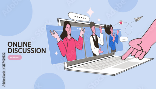Starting an online discussion or participating in a virtual forum is illustrated here. A hand interacts with a computer showing a group chat, perfect for collaboration or community engagement.